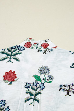 White Floral Print V Neck Loose Drop Sleeve Shirt