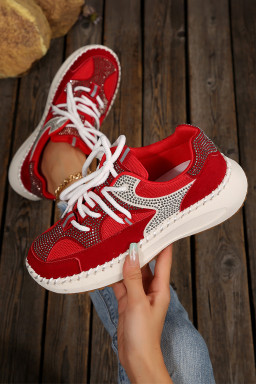 Fiery Red Rhinestone PU Leather Platform Casual Sneakers