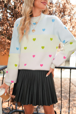 Multicolor Heart Pattern Colorblock High Neck Sweater