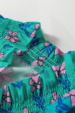 Green Floral Print Frilly Smocked High Waist Mini Dress