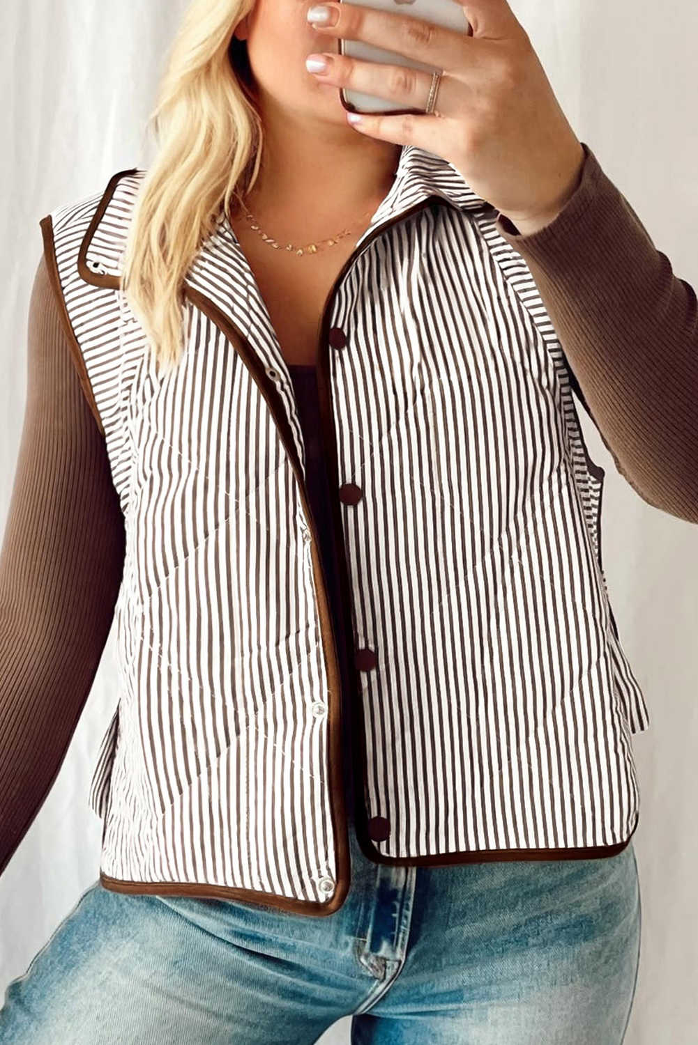 Brown Stripe Plus Size Quilted Contrast Trim Wavy Hem Snap Button Vest