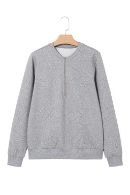 Medium Grey Solid Color Texture Zipper V Neck Sweatshirt