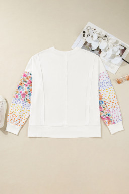 White Plus Size Exposed Seam Detail Contrast Dot Floral Patchwork Sleeve Sweatshirt