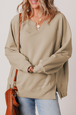 Parchment Raw Edge Exposed Seam Raglan Sleeve Side Slit Sweatshirt
