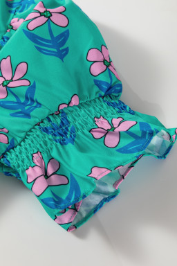 Green Floral Print Frilly Smocked High Waist Mini Dress