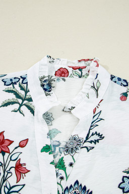 White Floral Print V Neck Loose Drop Sleeve Shirt
