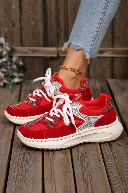 Fiery Red Rhinestone PU Leather Platform Casual Sneakers