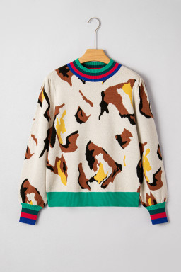 Apricot Contrast Ribbed Stripes Animal Pattern Knit Sweater