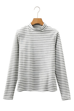 Gray Stripe Ribbed High Neck Slim Fit Long Sleeve Top