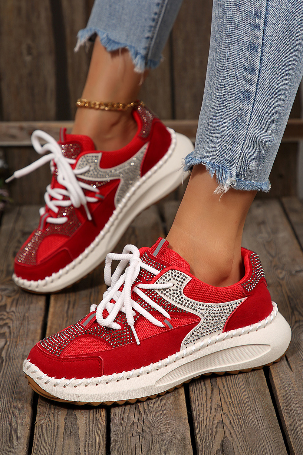 Fiery Red Rhinestone PU Leather Platform Casual Sneakers