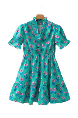 Green Floral Print Frilly Smocked High Waist Mini Dress