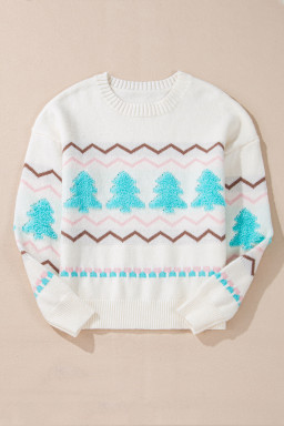 White Christmas Tree Wavy Striped Drop Sleeve Sweater