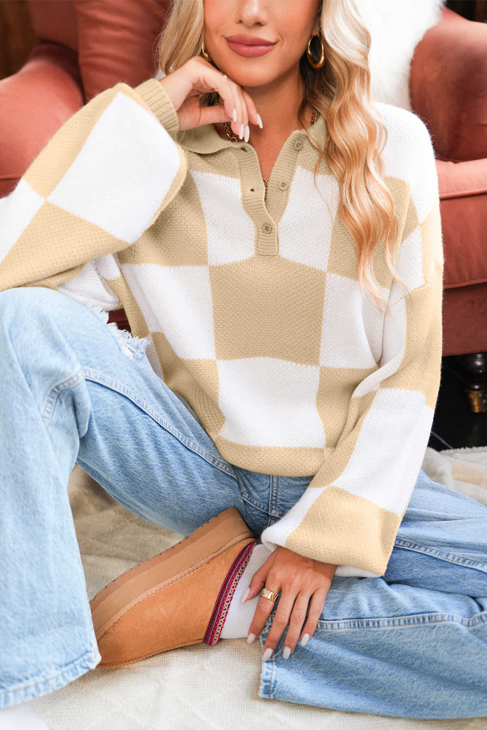 Light French Beige Checkered V-Neck Collared Pullover Sweater