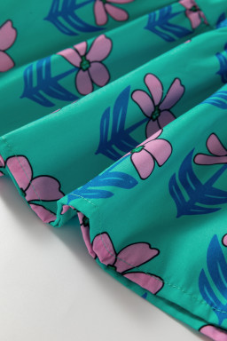 Green Floral Print Frilly Smocked High Waist Mini Dress