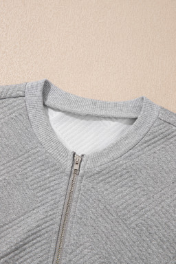 Medium Grey Solid Color Texture Zipper V Neck Sweatshirt