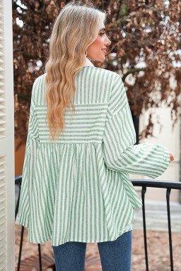 Green Striped Zipper Collar Long Sleeve Top