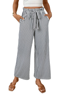 Black Striped Frill Knot Waist Decor Pants