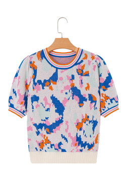 Apricot Abstract Pattern Contrast Striped Trim Short Sleeve Sweater