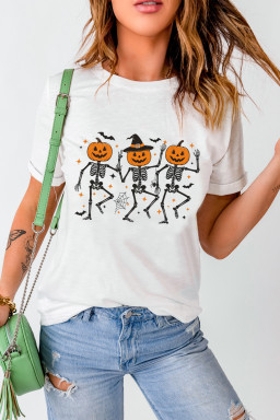 White Halloween Pumpkin Skeleton Graphic Heat Transfer Printing Cotton Blend Tee