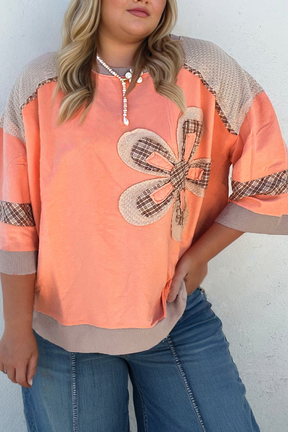 Grapefruit Orange Plaid Flower Waffle Patchwork Plus Size Top