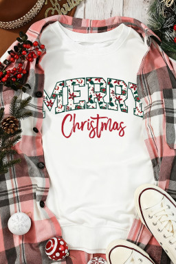 White Merry Christmas Graphic Heat Transfer Printing Cotton Blend Sweatshirt