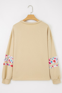 Pale Khaki Flower Applique Patchwork Drop Sleeve Pullover Sweatshirt