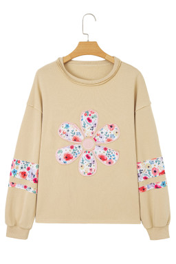 Pale Khaki Flower Applique Patchwork Drop Sleeve Pullover Sweatshirt