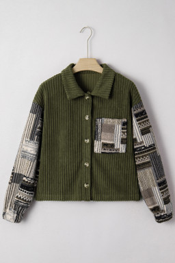 Jungle Green Ribbed Fleece Plaid Print Patchwork Button Up Jacket