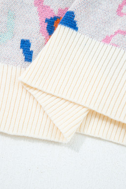 Apricot Abstract Pattern Contrast Striped Trim Short Sleeve Sweater