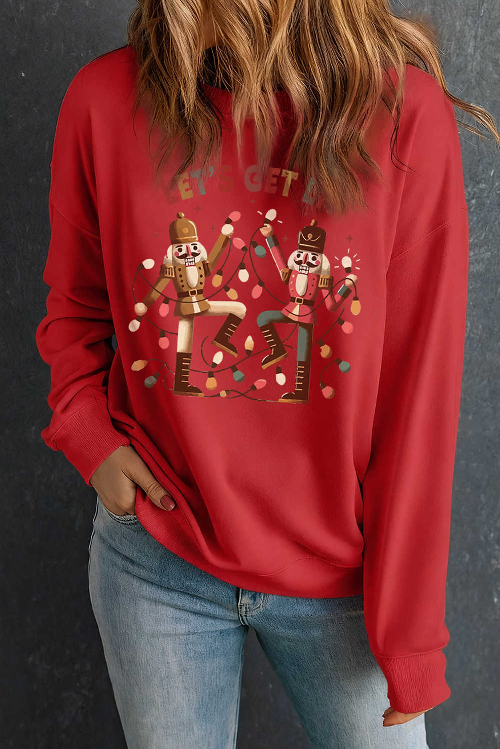 Red LET'S GET IT Nutcracker Graphic Heat Transfer Printing Christmas Sweatshirt
