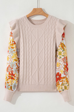 Parchment Cable Knit Ruffle Detail Contrast Floral Sleeve Patchwork Sweater