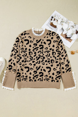Brown Leopard Knitted Lace Trim Cuffed Plus Size Sweater