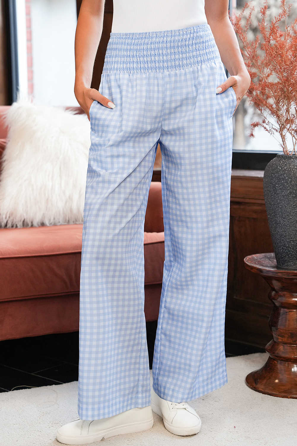 Myosotis Gingham Smocked High Waist Loose Pants