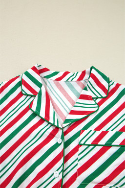 Green Striped Piping Trim Velvet Ribbon Knot Christmas Pajama Set