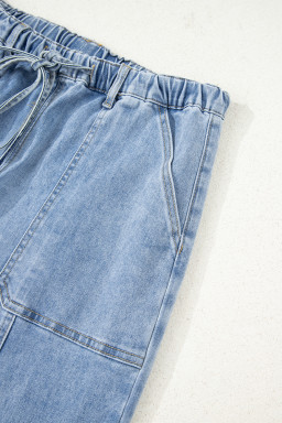 Beau Blue Drawstring Seam Detail Raw Hem Wide Leg Jeans