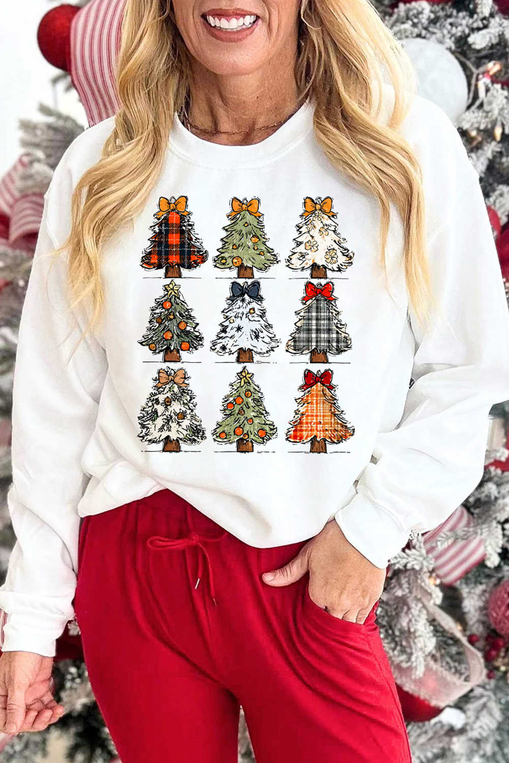 White Christmas Tree Graphic Heat Transfer Printing Holiday Sweatshirt