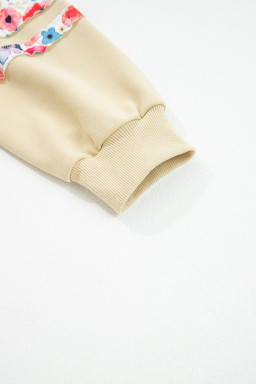 Pale Khaki Flower Applique Patchwork Drop Sleeve Pullover Sweatshirt