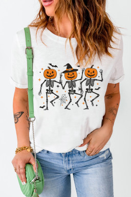 White Halloween Pumpkin Skeleton Graphic Heat Transfer Printing Cotton Blend Tee