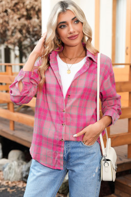 Sachet Pink Plaid Rounded Hem Long Sleeve Shirt Shacket