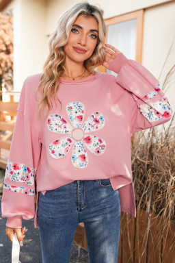 Peach Blossom Flower Applique Patchwork Drop Sleeve Pullover Sweatshirt