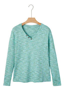 Moonlight Jade Button Long Sleeve V Neck Waffle Shirt