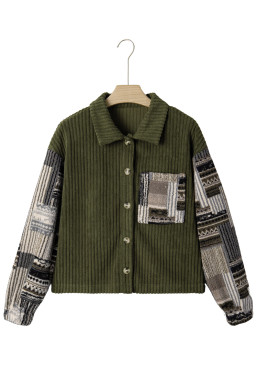 Jungle Green Ribbed Fleece Plaid Print Patchwork Button Up Jacket