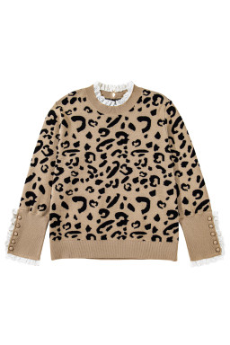Brown Leopard Knitted Lace Trim Cuffed Plus Size Sweater