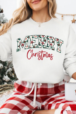 White Merry Christmas Graphic Heat Transfer Printing Cotton Blend Sweatshirt