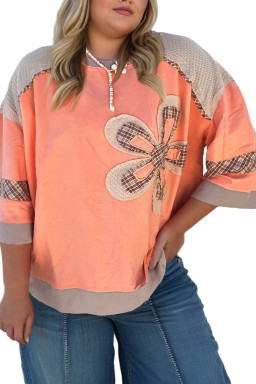 Grapefruit Orange Plaid Flower Waffle Patchwork Plus Size Top