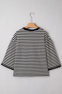Black Striped Round Neck Contrast Lace Trim Bell Sleeve Top