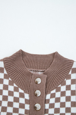 Dark Brown Plaid Contrast Trim Button Neck Sweater