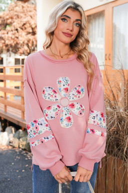 Peach Blossom Flower Applique Patchwork Drop Sleeve Pullover Sweatshirt