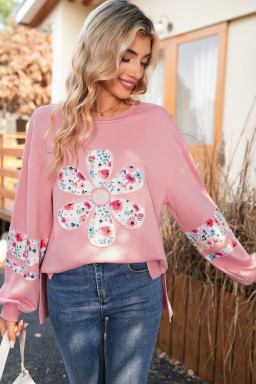 Peach Blossom Flower Applique Patchwork Drop Sleeve Pullover Sweatshirt