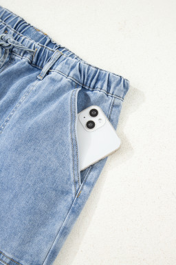 Beau Blue Drawstring Seam Detail Raw Hem Wide Leg Jeans